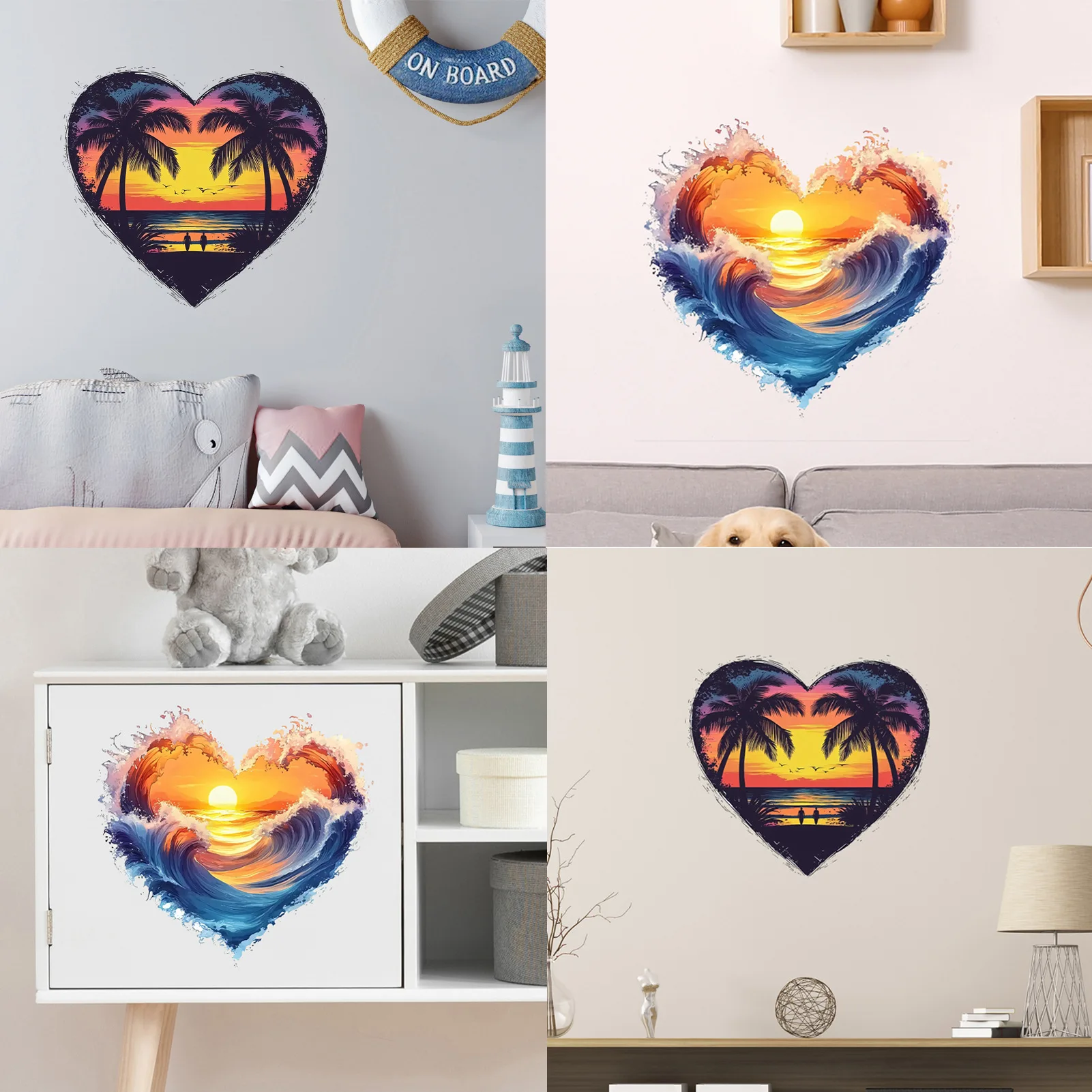 Love Heart Sunset Wall Decals Coconut Palm Tree Self Adhesive Peel and Stick Stickers for Living Room Bedroom Accent Wall Home