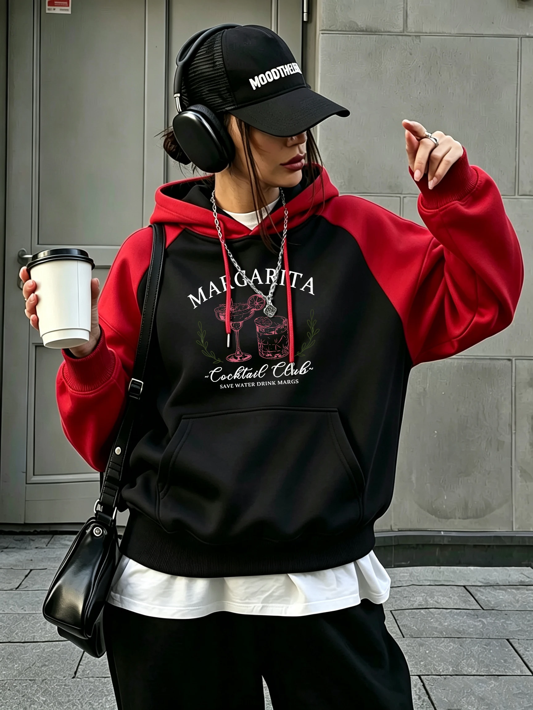 Raglan-Hoodie mit Aufdruck „Zwei verschiedene Getränke“ für Damen, Kontrastfarbe, Vintage-Streetwear, lässige, lockere Hoodies, Fleece, Herbst, Y2K-Kleidung