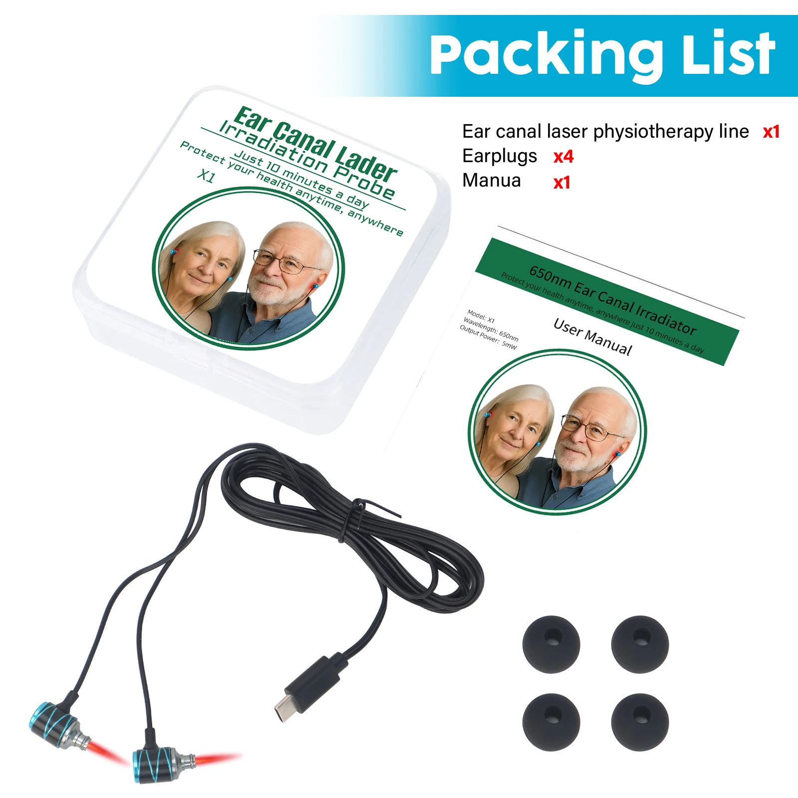 Portable LLLT Ear Laser Therapy Device Rechargeable Earplug Physiotherapy Tool for Tinnitus Relief Otitis Media Hearing Loss