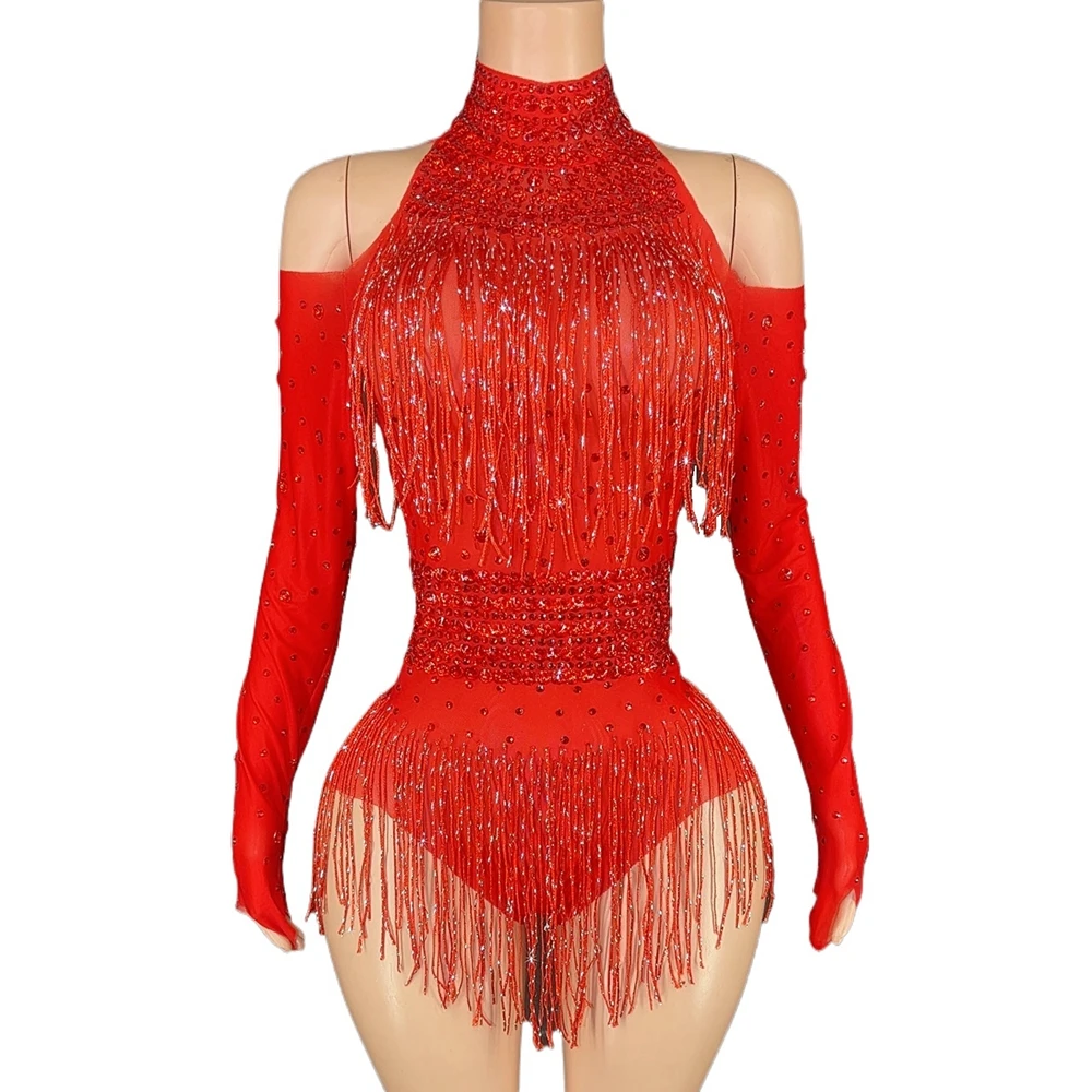 Sparkly Rhinestones Fringes Red Bodysuit for Women Sexy Mesh Performance Dance Costume Dancer Stage Wear Nightclub Outfit