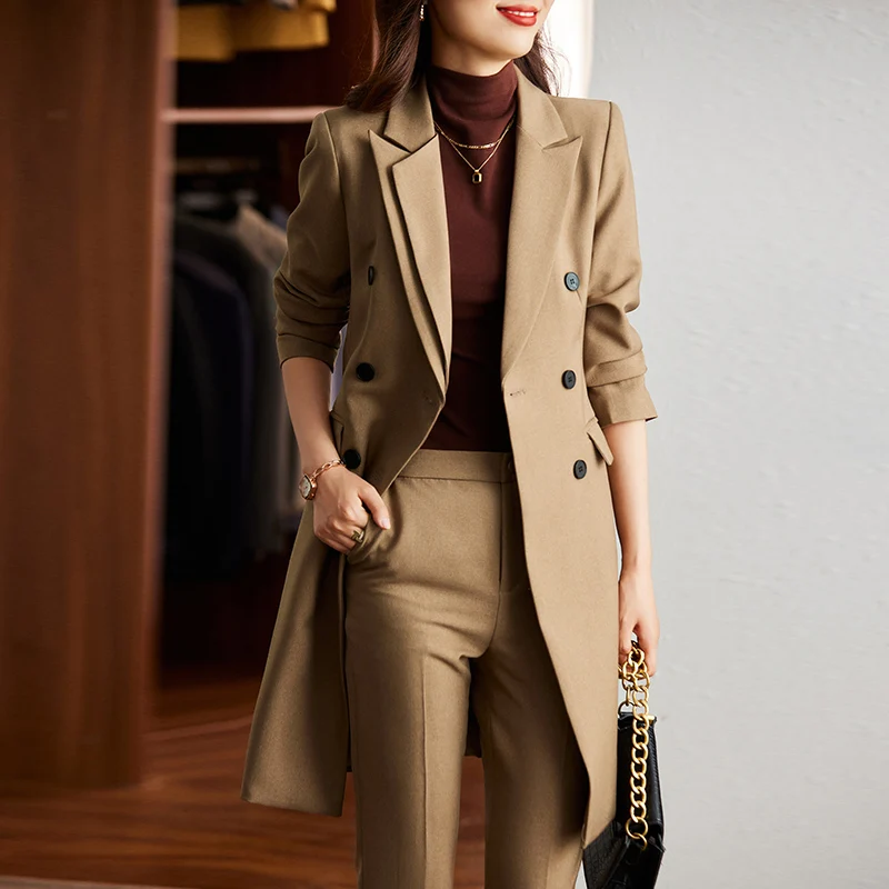 Women\'s Formal Lengthen Blazer Business Suits,Female Winter High End Fabric Office Clothes, Ladies Jacket and Long Pants 2 Pcs