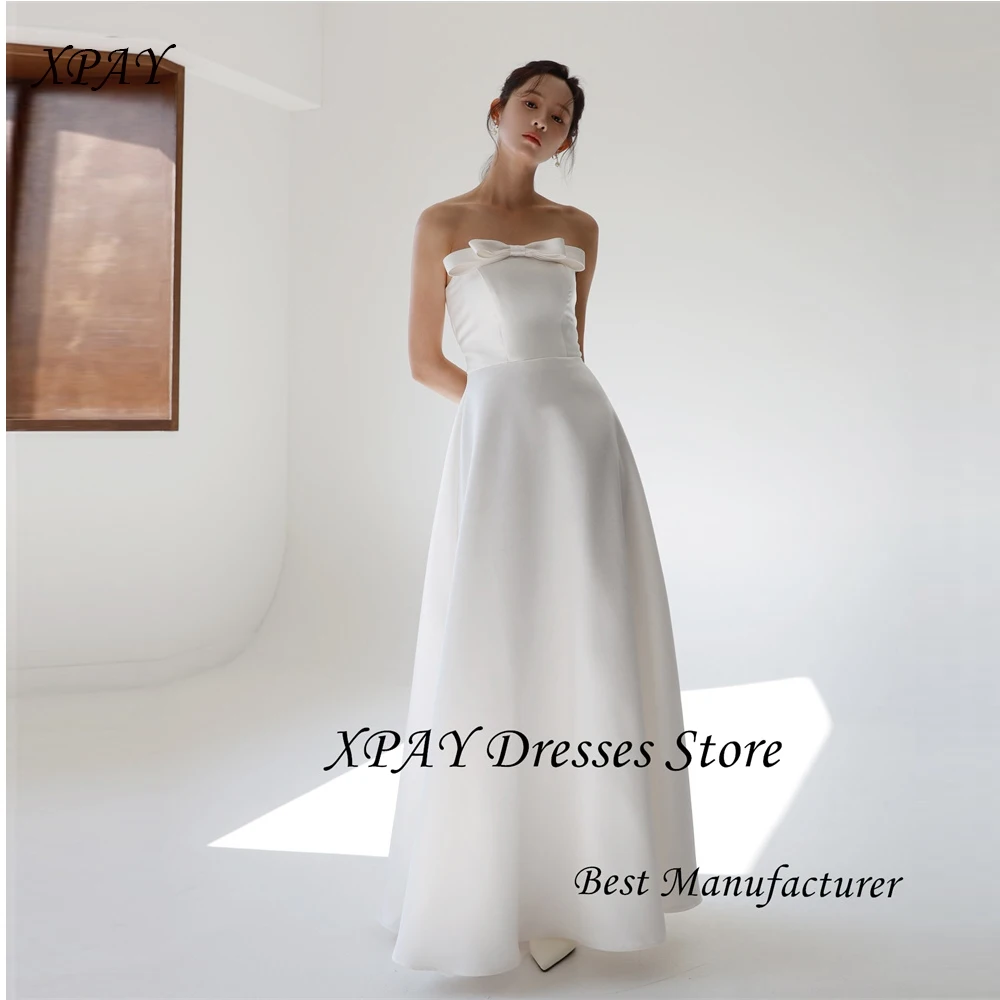 

XPAY Simple White A Line Satin Wedding Dresses Bowknot Front Satin Strapless Bride Gowns Corset Formal Party Korea Photo shoot