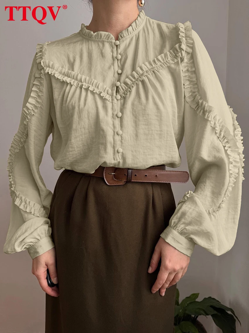 

TTQV Spring Loose Yellow Women's Blouse 2026 Fashion Stand Collar Long Sleeve Shirts Elegant Classic Ruffles Top Female Clothing
