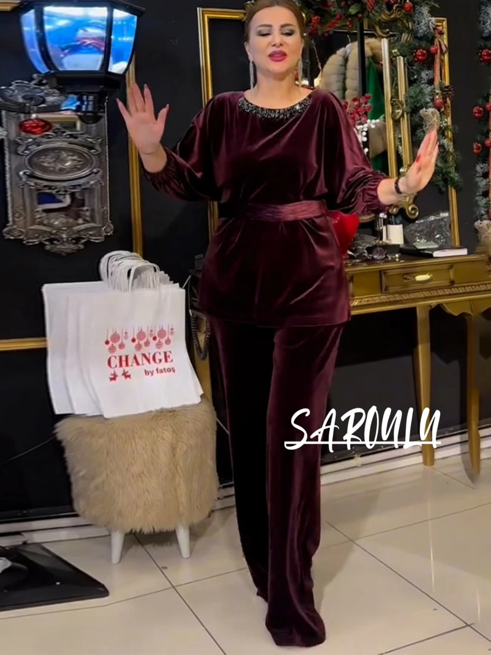 

Fuchsia Velvet Two Pieces Set For Women Elegant High Quality Plus Size Long Sleeves O Neck Evening Party Wear Fast Shipping