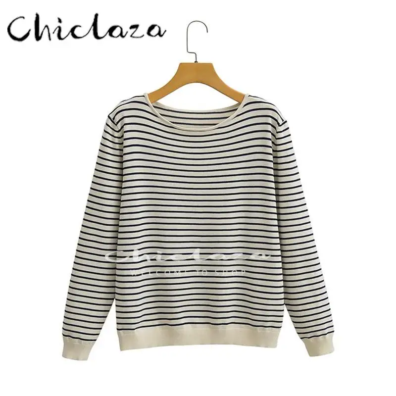 CHICLAZA 2022 Spring Autumn Women Fashion Knit Stripes Sweater Female Casual Loose Jumper T-shirt Tops 