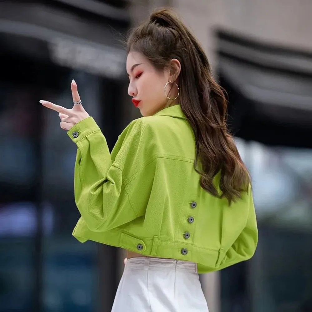 Spring Avocado Green Color Denim Jacket For Women\'s 2023 New Loose High Waist Cowboy Coat Ladies Casual Short Jean Jackets Tops