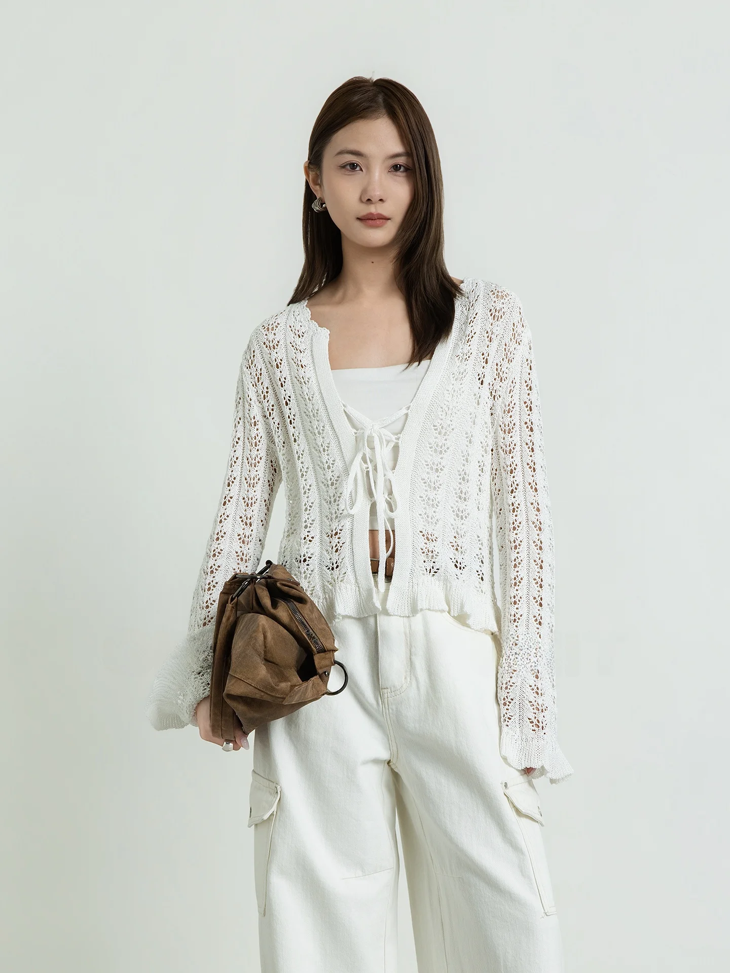 

Geometric Single Knitted Sweater Women's Spring 2026 New Hollow out Hook Flower Early Spring Beautiful Matching Cardigan Belt...