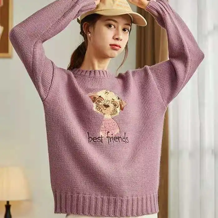 Keep Warm Loose Turtleneck Kawaii Sweater for Girls Cute Doll Puppy Embroidery Cartoon Jumper Pullover Winter Auutmn Vintgae Y2K