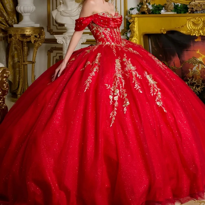 

Red Shiny Quinceanera Dresses Ball Gown Off The Shoulder Gold Applique Lace Beads Bow Tull Corset Party Birthday Sweet 16 Dress