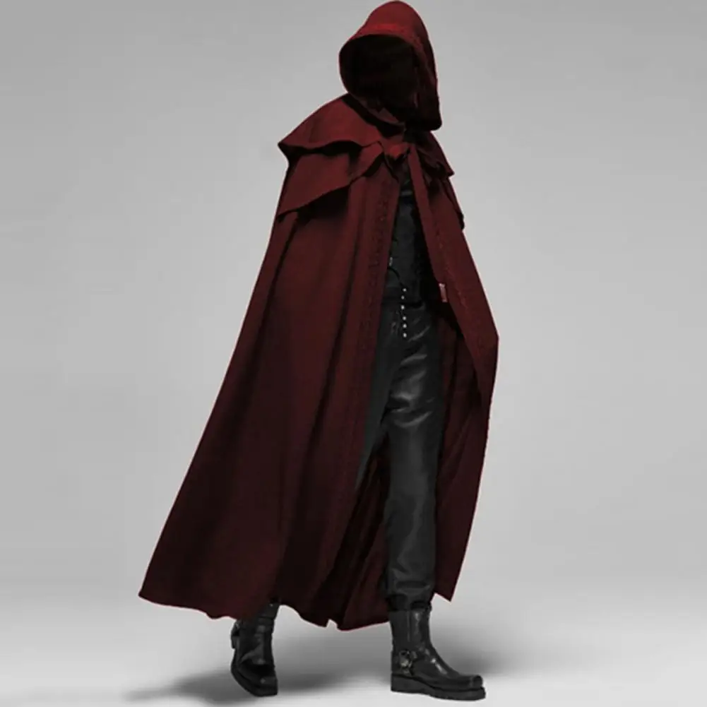 Gothic Mens Tail Coat Monk Cosplay Medieval Vintage Hooded Loose Black Cloak Coats Windproof Trench Winter Long Cape Poncho