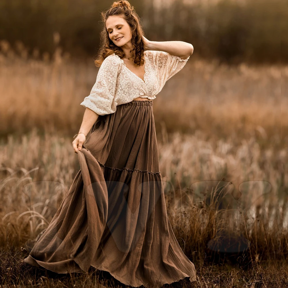 Vestido bohemio para sesión de fotos para mujeres embarazadas, conjunto de dos piezas de diseño de doble color, Top de encaje Vintage y falda de