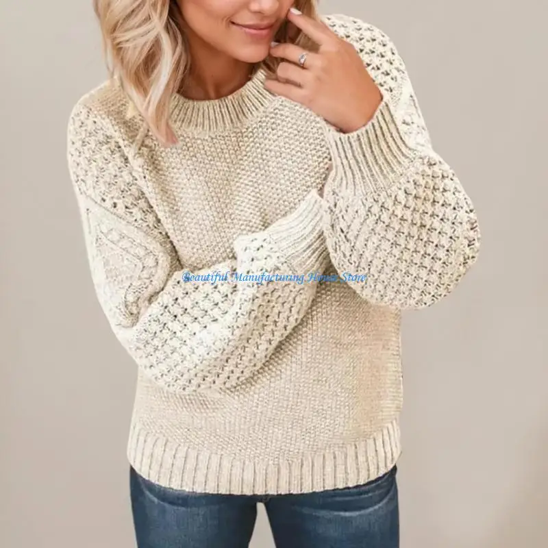 E56A Suéter punto ochos para mujer, manga larga acampanada, ajuste holgado, cuello redondo, ropa informal