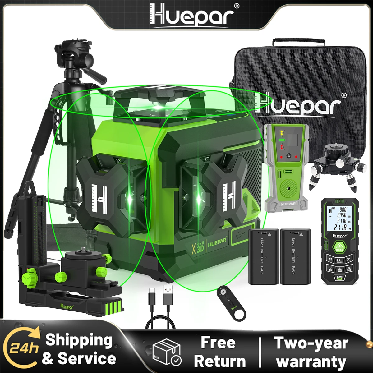 Huepar 3D Cross Line Laser Level 360° 12 Lines Osram Self-leveling Laser Level Tools With LCD Display & Bluetooth & 2x Batteries