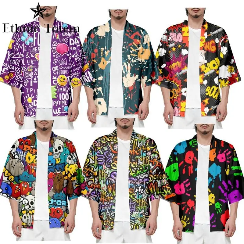 

Painted Graffiti Kimono Cape Street Casual Personalised Trend Skull Hand Print Pattern 3D Digital Print Cloak Summer Cardigan