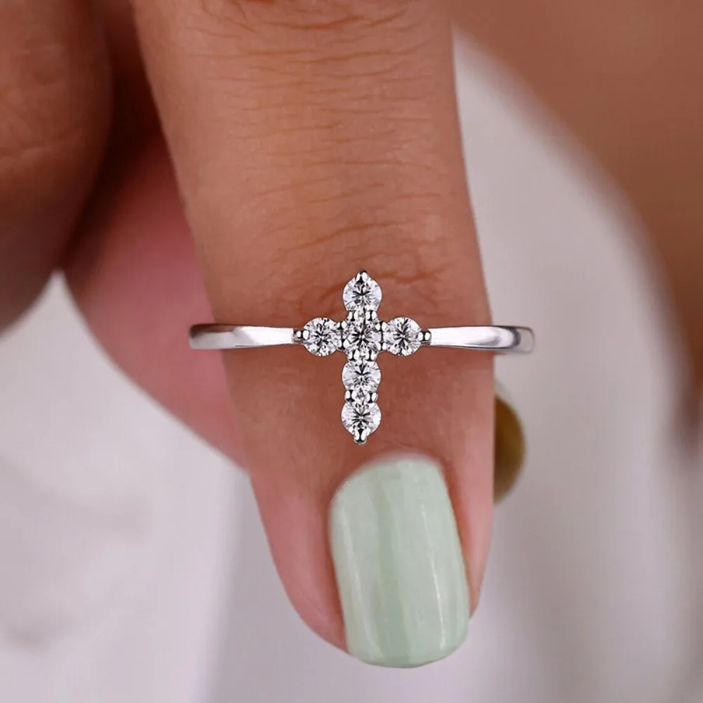 Fashion Simple Micro Inlay High Quality 5A Zircon Cross Rings for Women Stainless Steel Daily Commuting Finger Jewelry Gifts