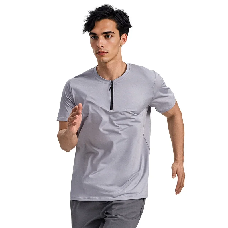 

Мужская спортивная футболка для бега, быстросохнущая летняя тонкая молния из ледяного шелка с короткими рукавами и половиной молнии