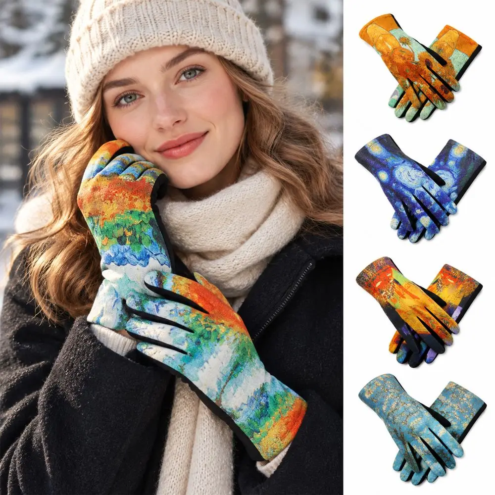 Oil Painting Print Touch Screen Gloves Thick Fleece Lining Touchscreen Friendly Winter Warm Gloves Thermal Warm