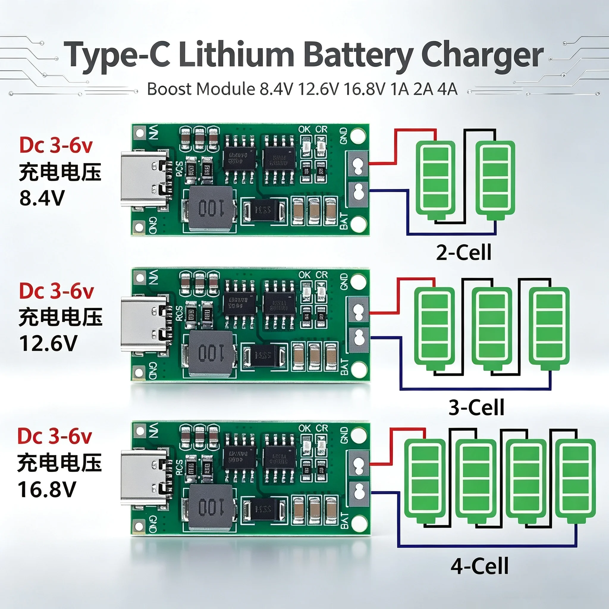 Type-C To 8.4V 12.6V 16.8V Lithium Battery Charger Boost Module 1A 2A 4A For 2S 3S 4S Li-ion Battery Charging Board