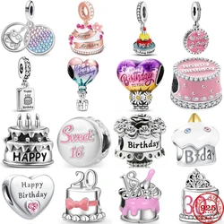 New 925 Sterling Silver Happy Birthday Cake Hot Air Balloon Charms Beads Fit Original Pendant Bracelet DIY Fashion Woman Jewelry