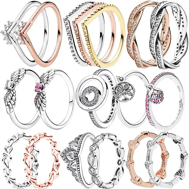 925 Sterling Silver Sparkling Wishbone Family Heart Crown Wing Clear Zircon CZ Tiara Rings For Women Anniversar Wedding Jewelry
