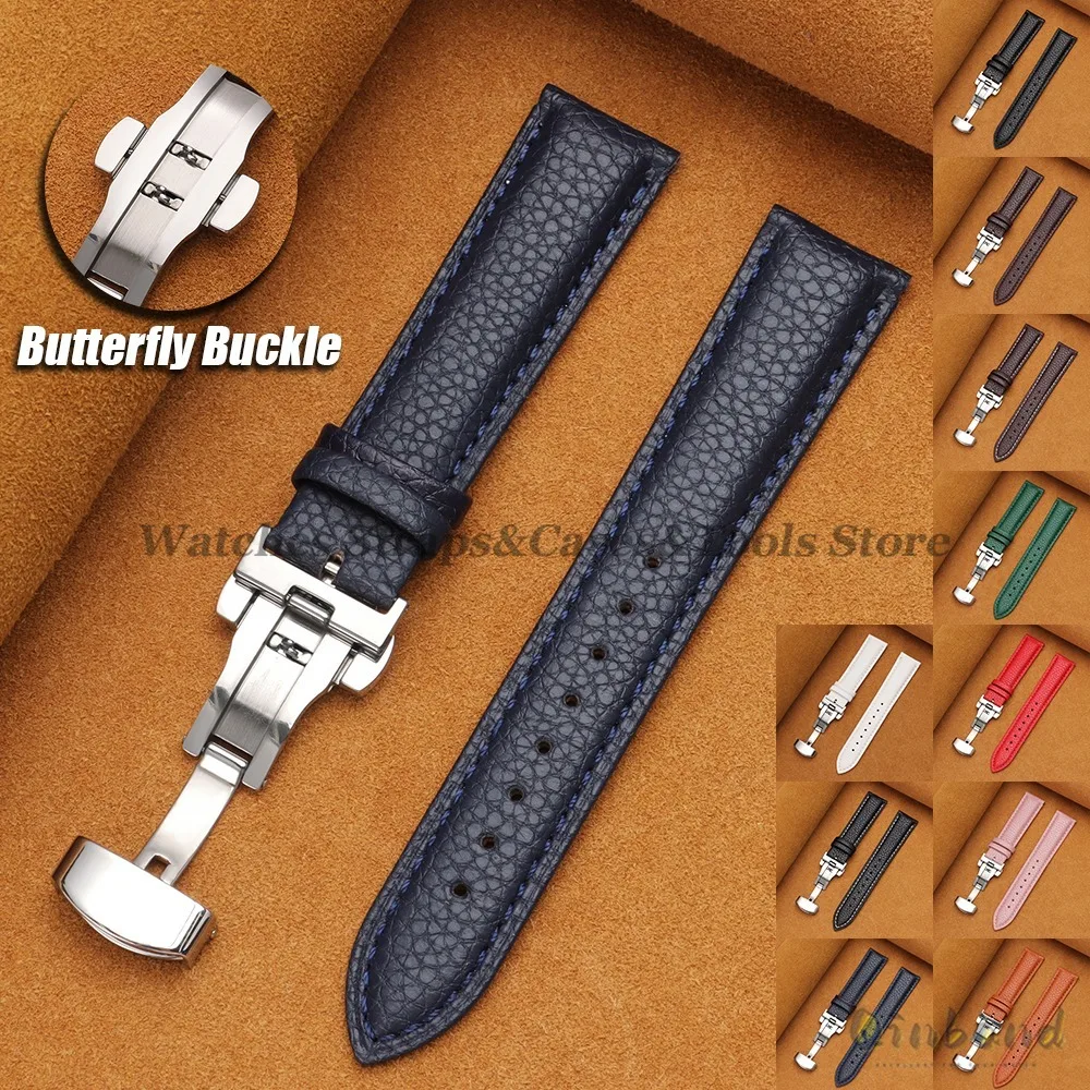 Genuine Calfskin Litchi Leather Watch Bands 16/18/19/20/21/22/24mm for Seiko for Omega Business Men Women Butterfly Buckle Strap