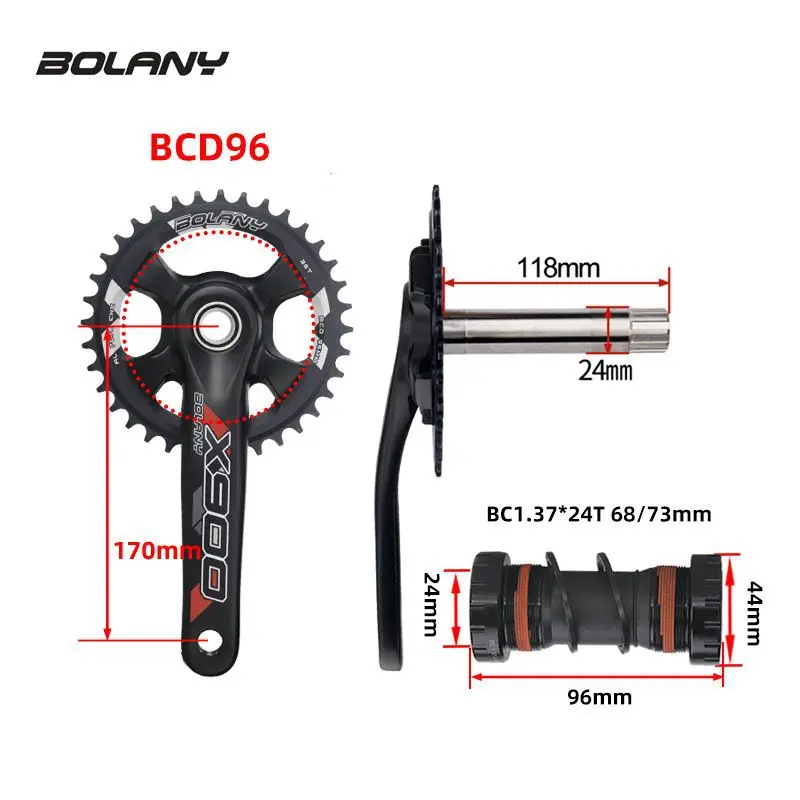 Bolany Mountain Bike Hollow One-piece Crank Single Disc 170mm Aluminum Alloy Crank 34/36T Positive and Negative ToothSingle Disc