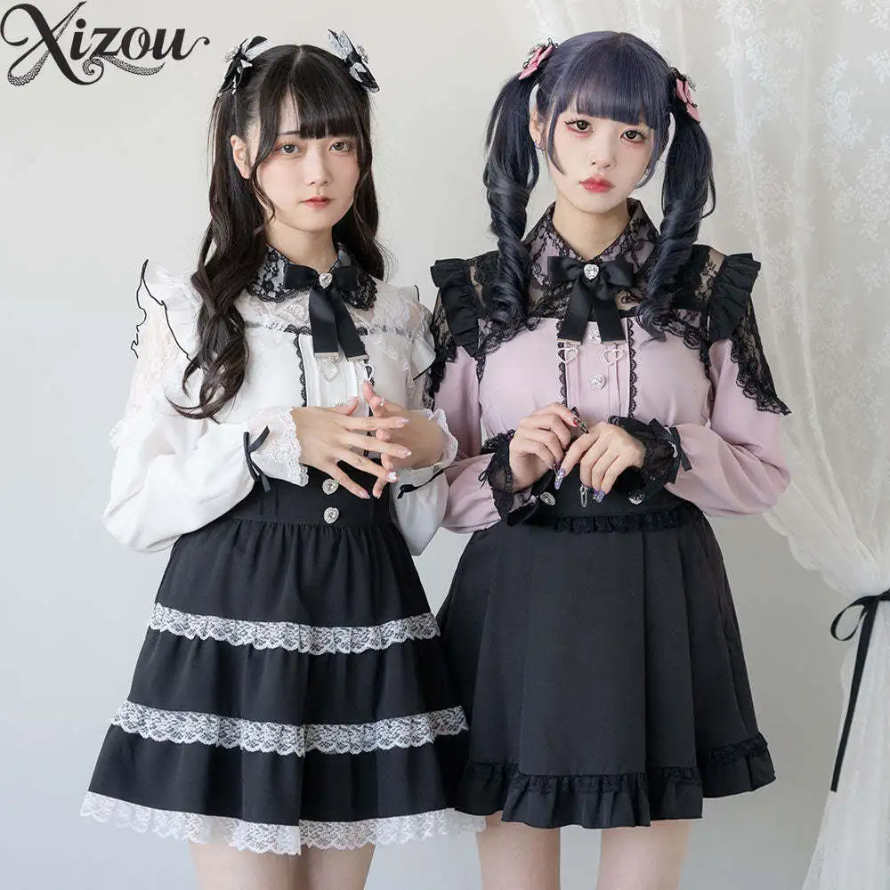 

Women's Tops New Sweet Japanese Style Versatile Lace Patchwork Lolita Blouse Exquisite Rhinestone Bowknot Long Sleeve Shirt