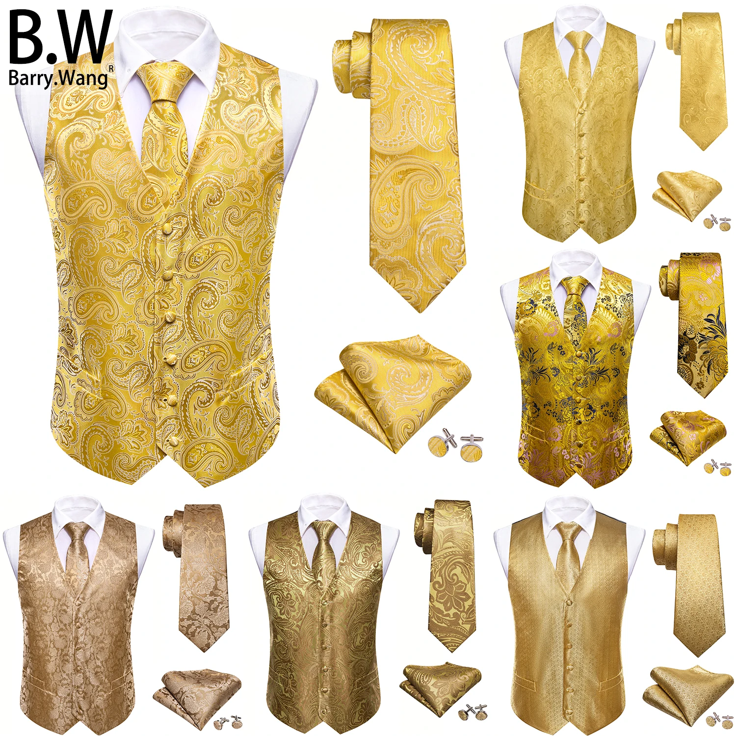 

Gold Yellow Flaxen Silk Men Vest Tie Hanky Cufflinks Set Jacquard Waistcoat Sleeveless Jacket Male Wedding Business Barry.Wang