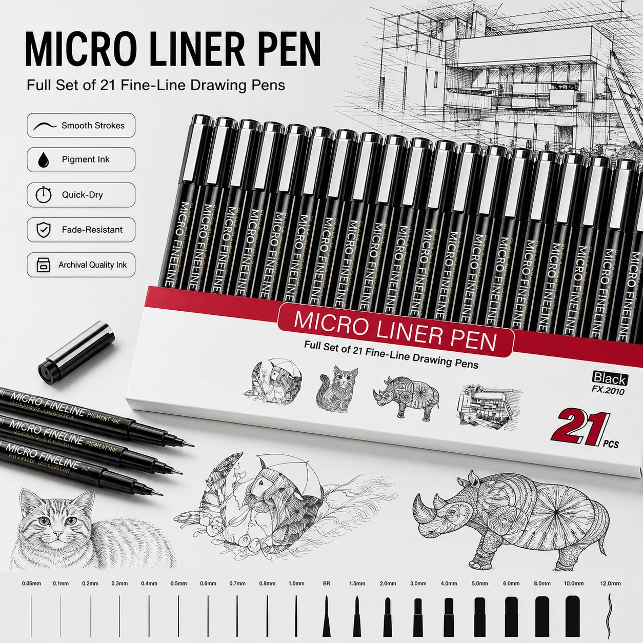 

21 Size Black Fineliner Pens Micro Liner Set Waterproof Pigment Ink for Sketching, Drawing, Anime, Comic, Technical Drawing