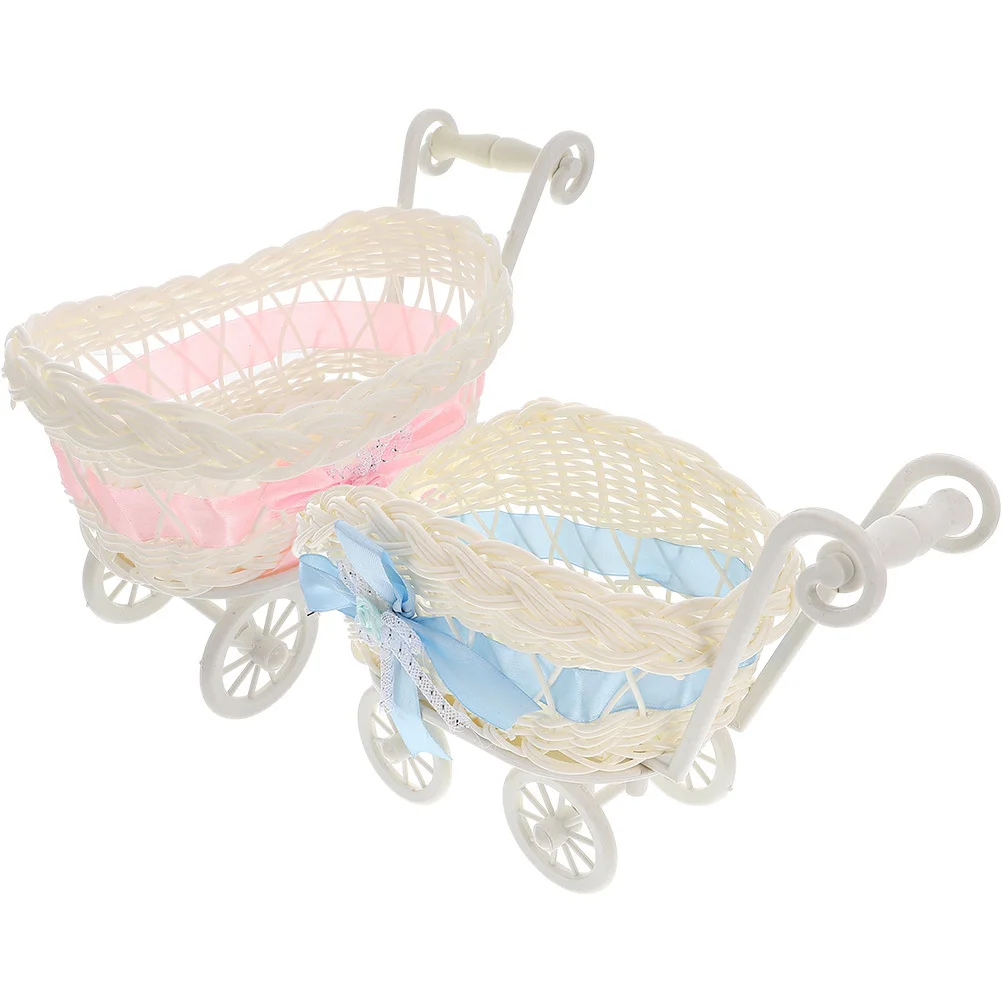 2Pcs Artificial Rattan Stroller Candy Baskets Cute Woven Storage Small Wedding Party Gift Decorative Flower Basket