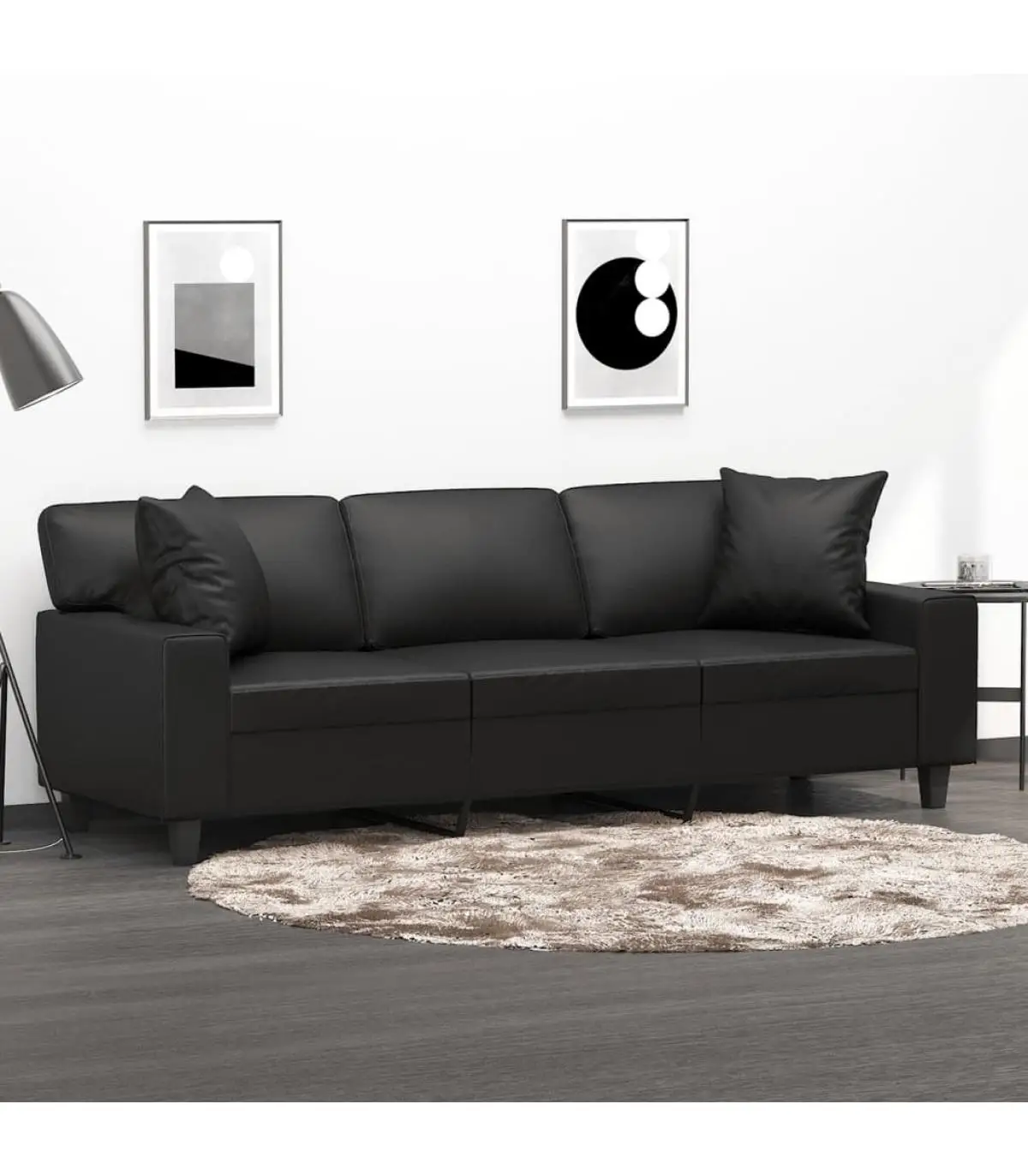 Sofas 3 seats sofa pillows and cushions synthetic leather black 180 cm