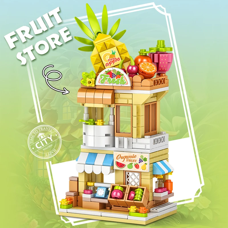 Bloques de construcción de ciudad, tienda de frutas, tienda de flores, conjunto de modelo de casa, decoración de escritorio, juguetes DIY para niños, regalo de cumpleaños y Navidad