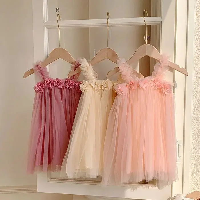 Baby Flower Dress for Girls Solid Cute Suspend Tulle Tutu Gown 2024 New Summer Dress for Kids Girl Casual Fashion Princess Dress