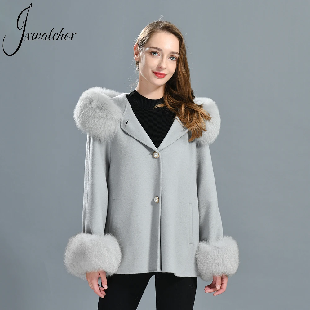 

Jxwatcher Women's Cashmere Coat Real Fox Fur Collar And Real Fur Cuffs Ladies Long Full Sleeves Solid Color Trench Coat 2022 New