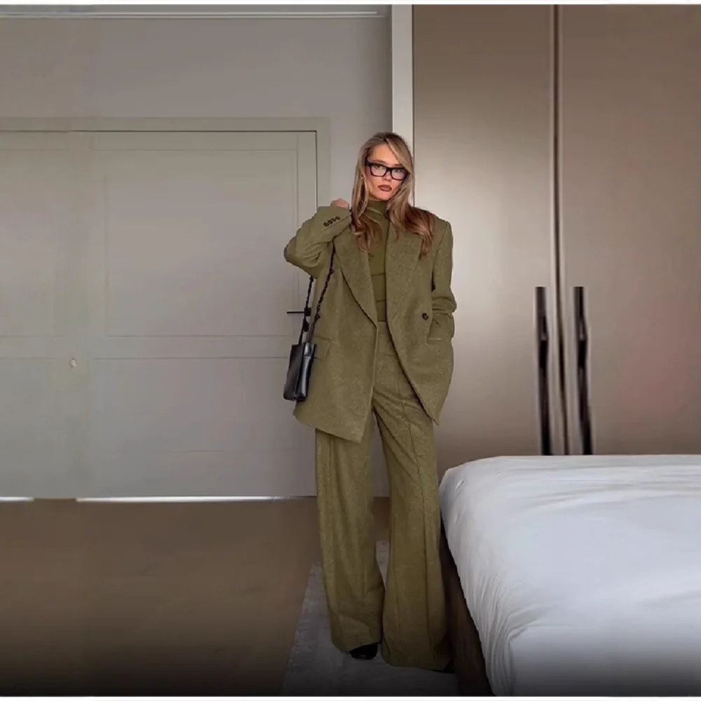 2025 High End Sense Fashion Temperament Loose Turn Down Collar Suit Long Pants Set Spring Autumn Thin Women Olive Green Clothing