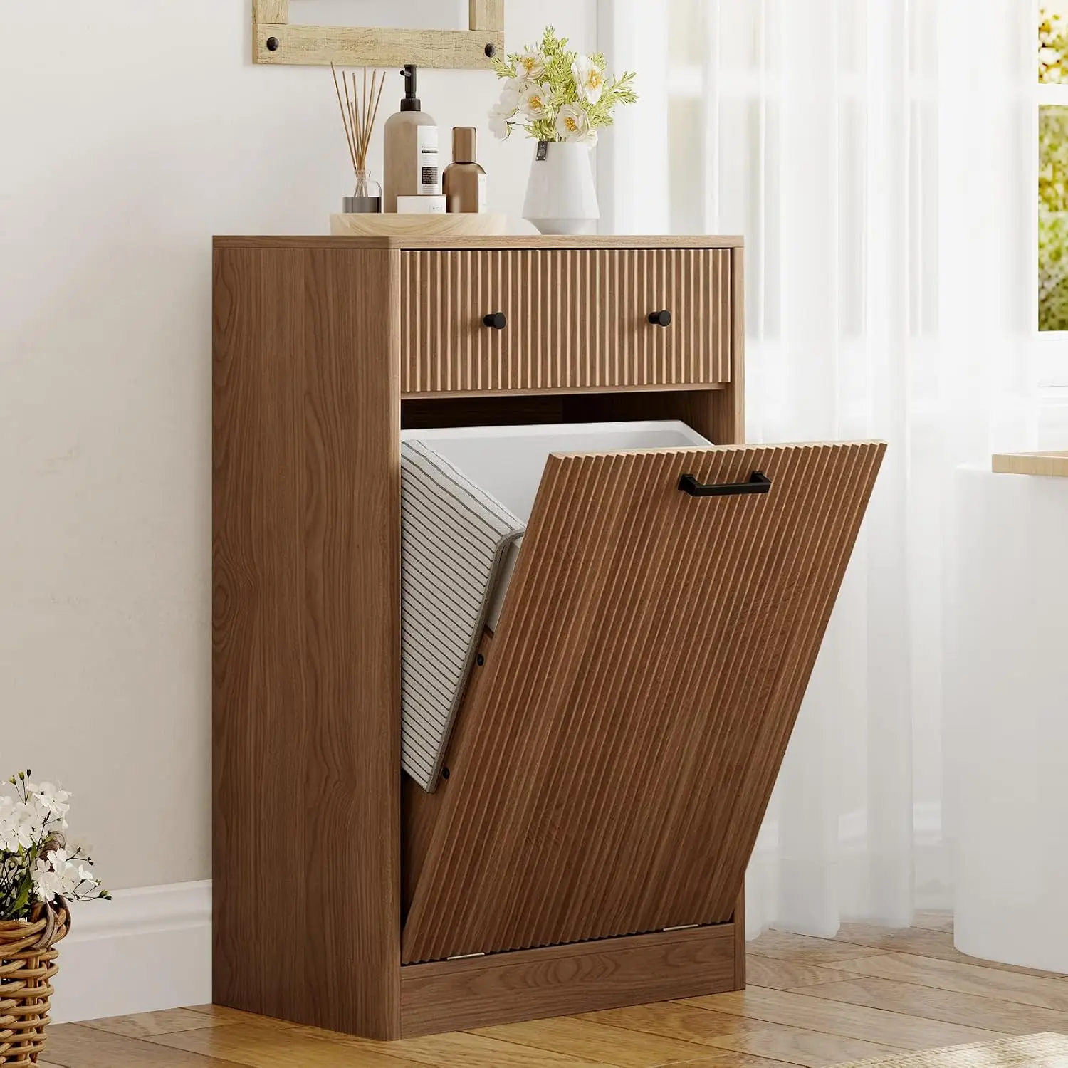 10 Gallon Tilt Out Trash Can Cabinet with Drawer, Laundry Hamper Cabinet, Customized