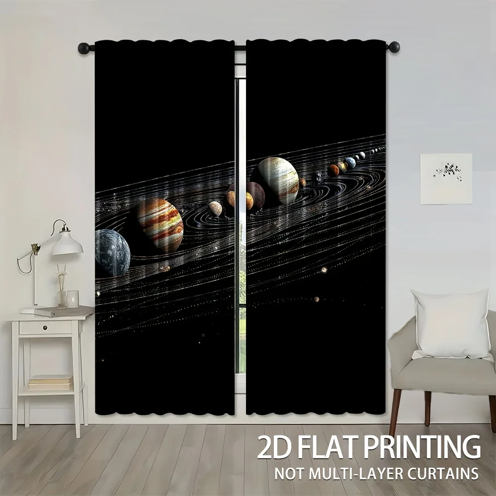 Solar System Curtain, Space Planet Window Drape, Galaxy Star Blackout Panel, Kids Bedroom Science Home Decor
