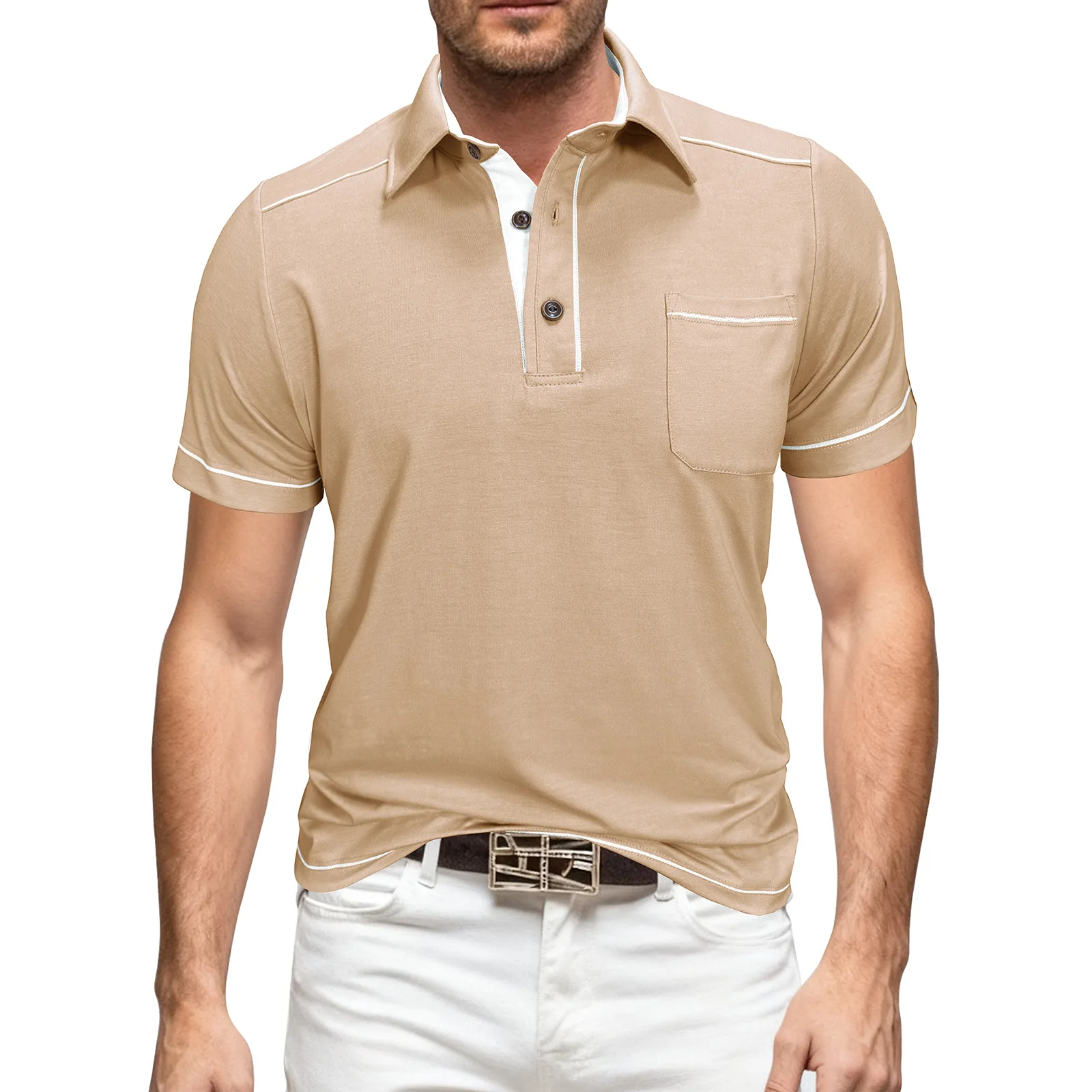 Men's Luxury Fashion Padded Polo Shirts with Buttons, Oversized Colorblock Golf Shirts T-Shirts