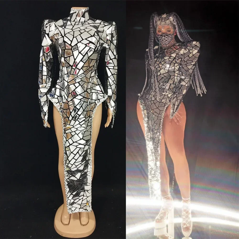 

Silver Gold Laser Mirror Slit Dress Sexy Women Dancer Singer Performance Drag Queen Costume Nightclub Party Show Stage Wear