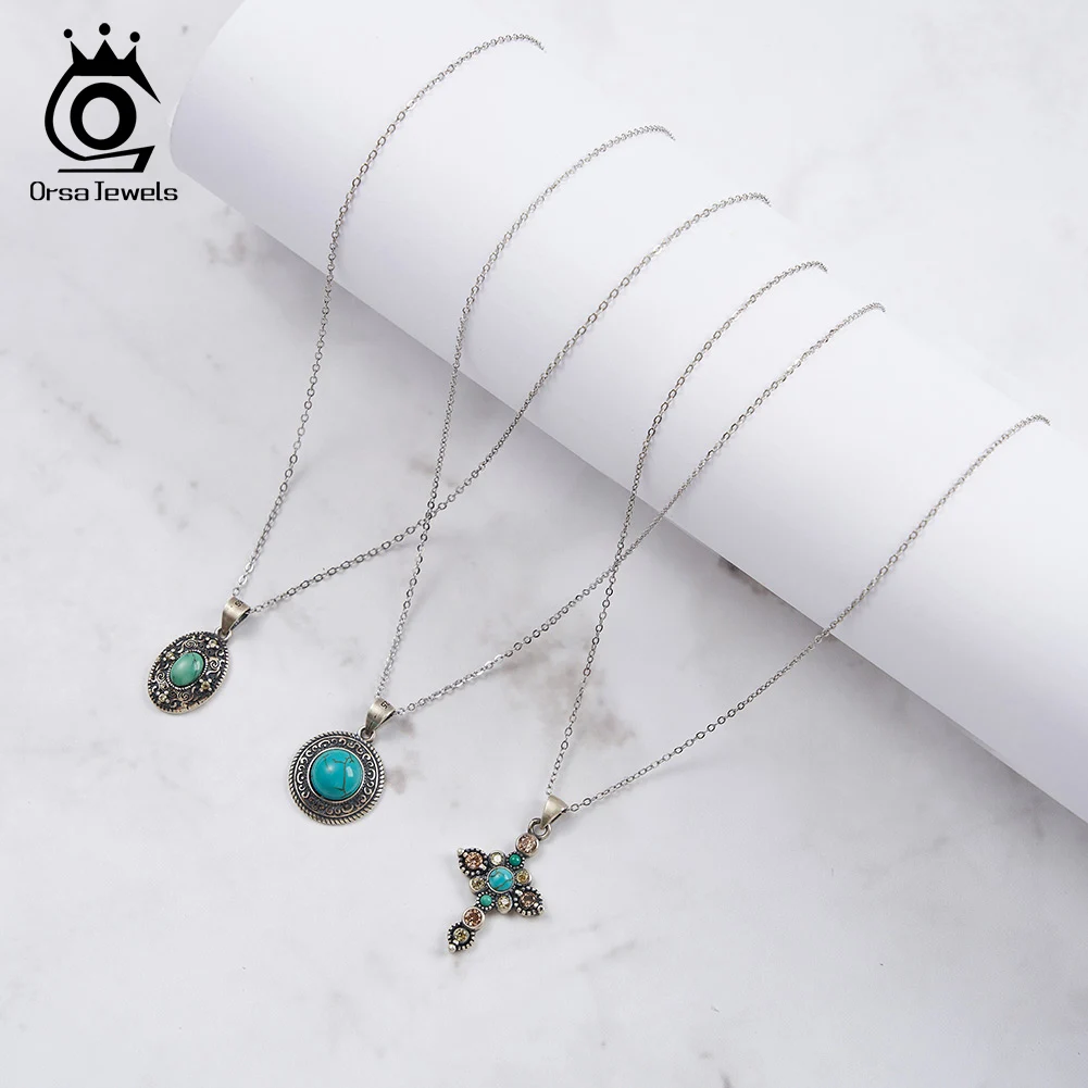 ORSA JEWELS Brilliant Zirconia Pendant Necklace with Oxide Silver Turquoise for Women Turquoise Pendant Choker Jewelry SGMN44