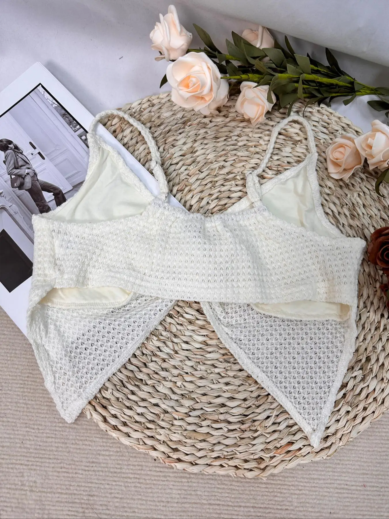 Women's Plain Textured Twist High Low Crop Cami Top, Summer Clothes Women, Elegant Spaghetti Strap Top for Summer