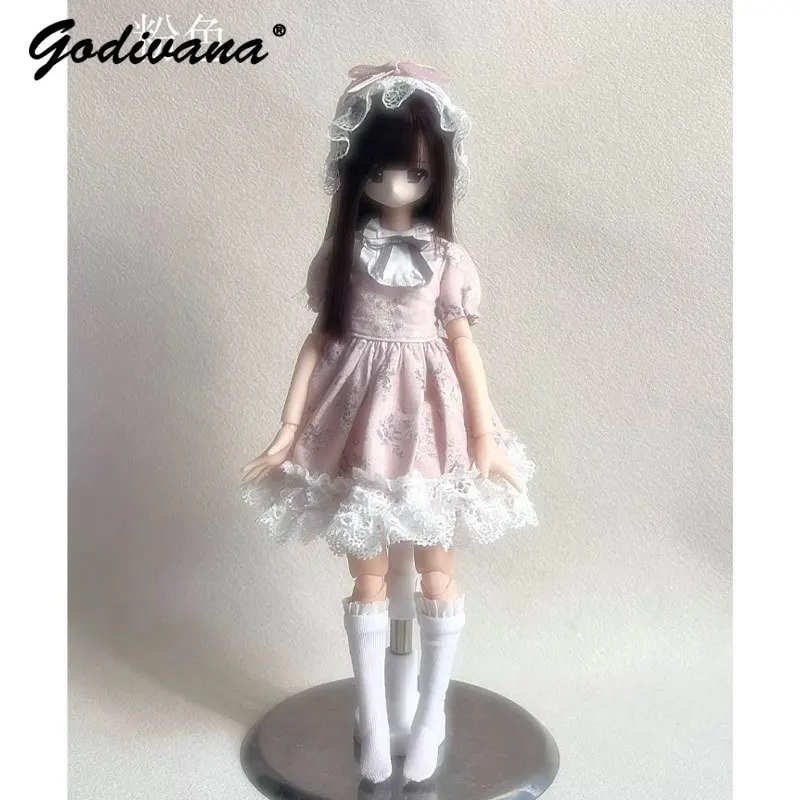 Azone 2th Regular 1/6 BJD Doll Clothes Sweet Cute Floral Lace Trim Puff Sleeves Bow Princess Dress with Headband Socks Set