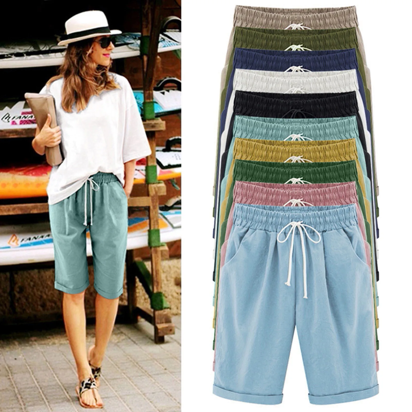 

Простые летние дышащие брюки со средней талией, летние однотонные тонкие верхние свободные повседневные и универсальные брюки с пятью точками