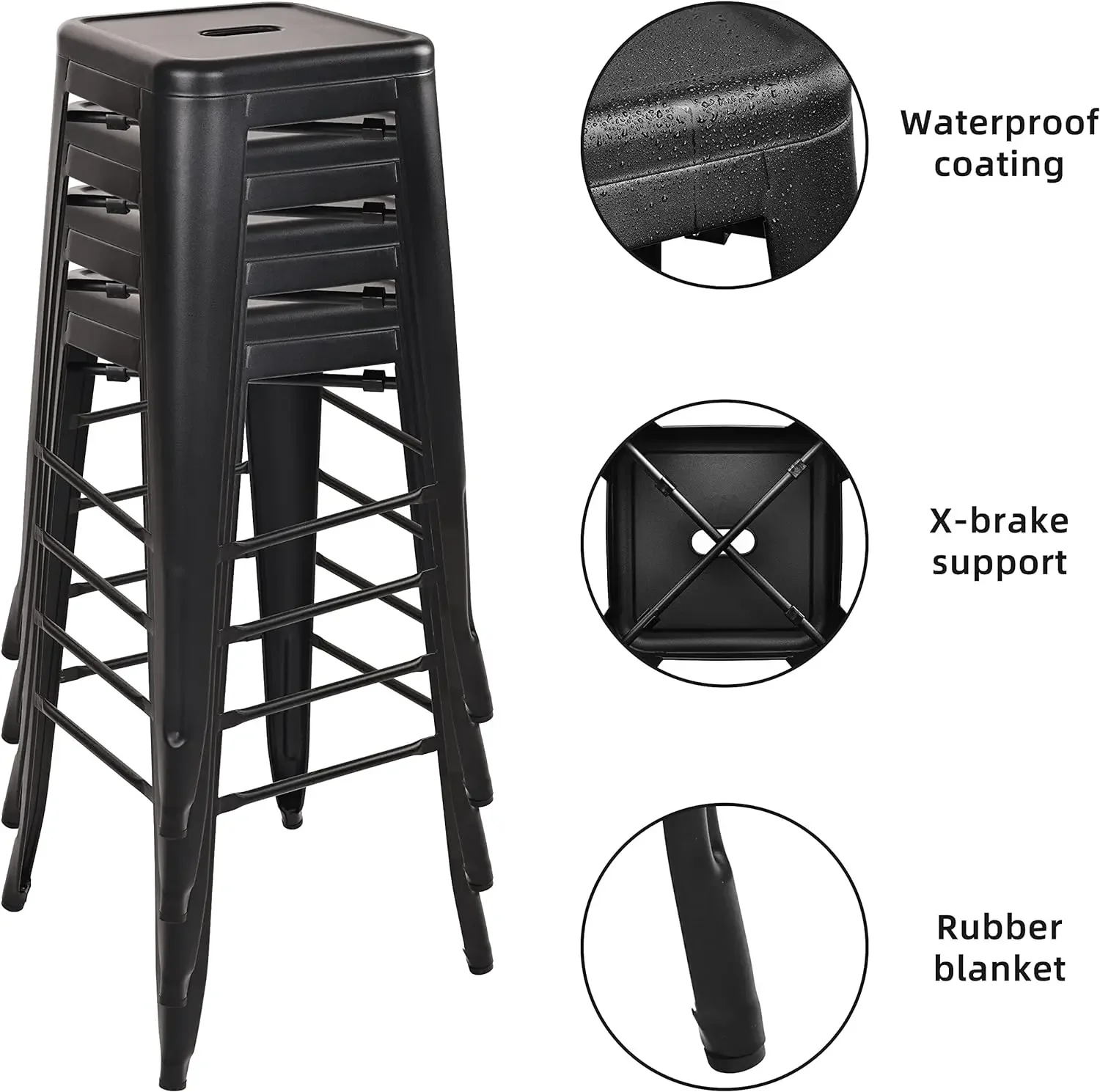 30 Inches Metal Bar Stools High Backless Stools Indoor Outdoor Stackable Kitchen Stools, Black, Set of 4 image 4