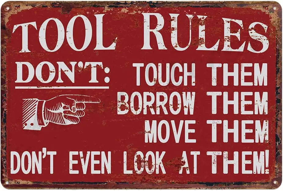 Robert Art Red Garage Tool Rule Tin Metal Wall Decoration, Original Design Thick Tinplate Tool Rules Wall Art Signs for Gar sign