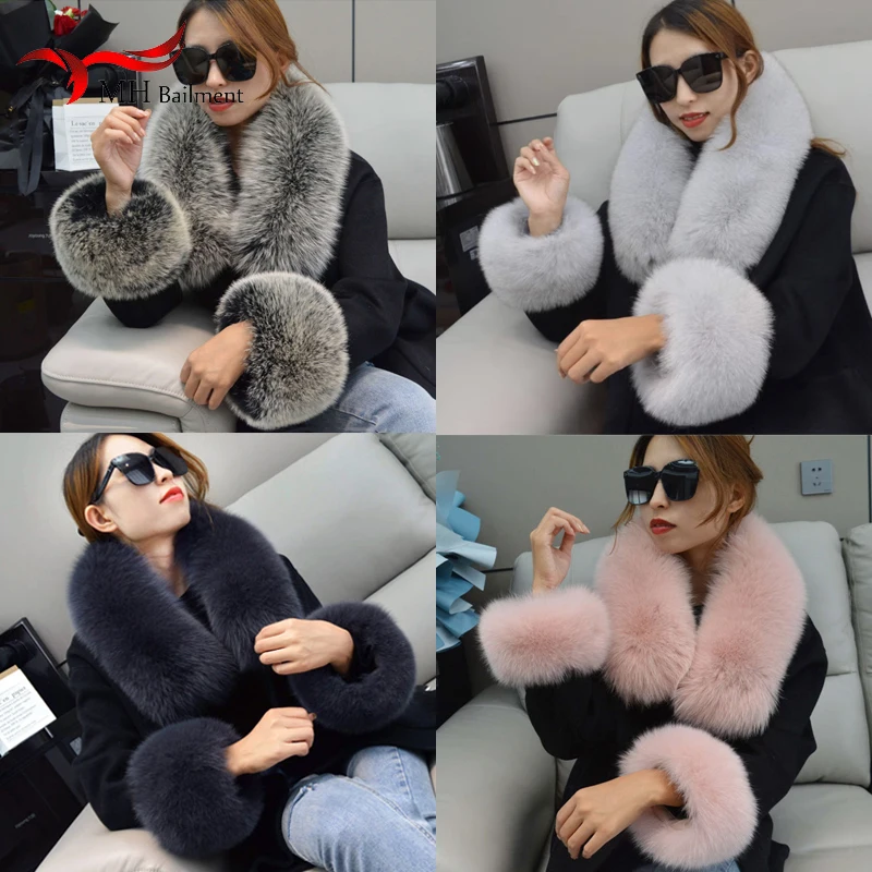 100% Natural Fox Fur Scarf Women Winter Jacket Fur Collar Authentic Neck Scarves And Cuff Set Luxury Fox Fur Warm Neck Warmers