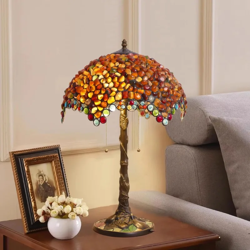 New light luxury European retro bedside lamp stained glass agate stone table bedroom living room cafe