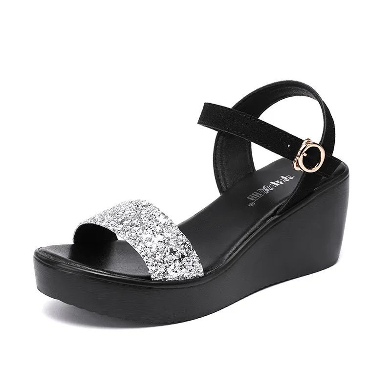 Small Big Size 32-43 Bling Silver Black High Heels Wedges Shoes Women Summer 2024 Thick Sole Platform Sandals Beach