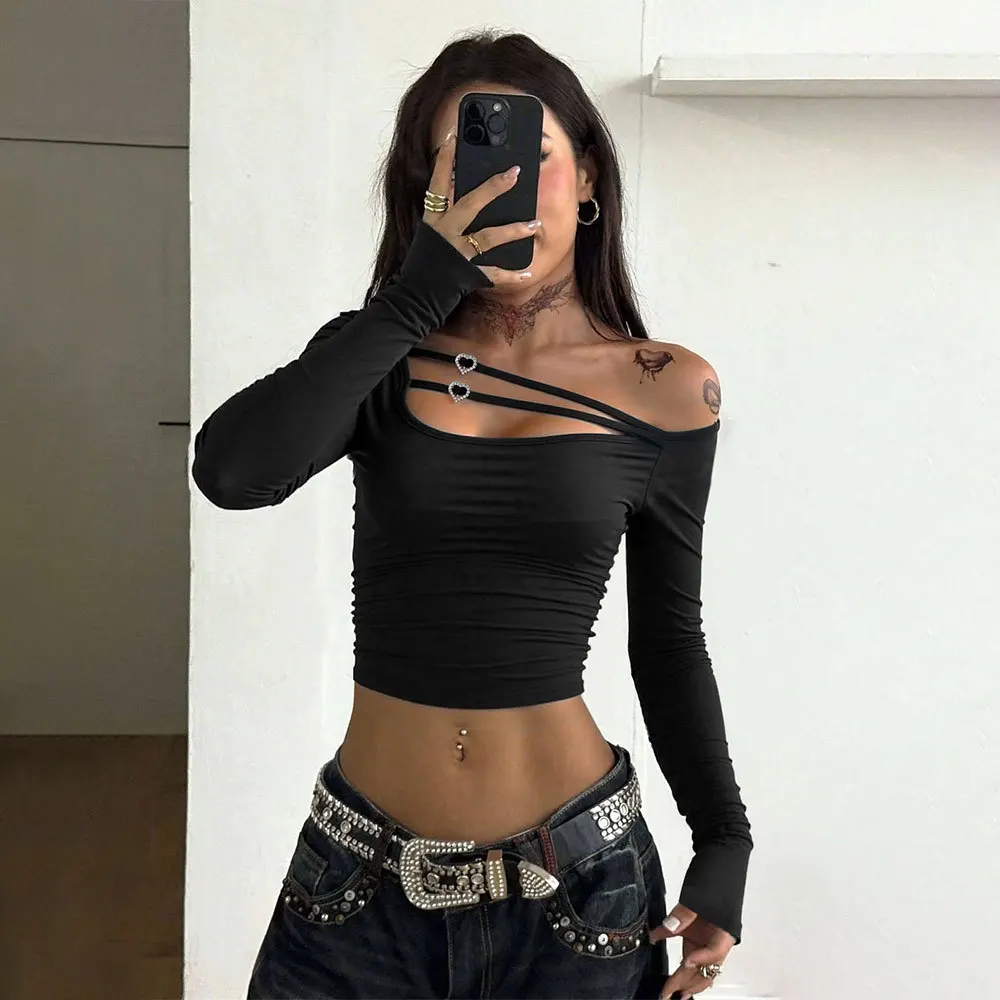 Sexy Black Off Shoulder Knot Top Hollow Out Cross Tie Backless Crop Top Streetwear
