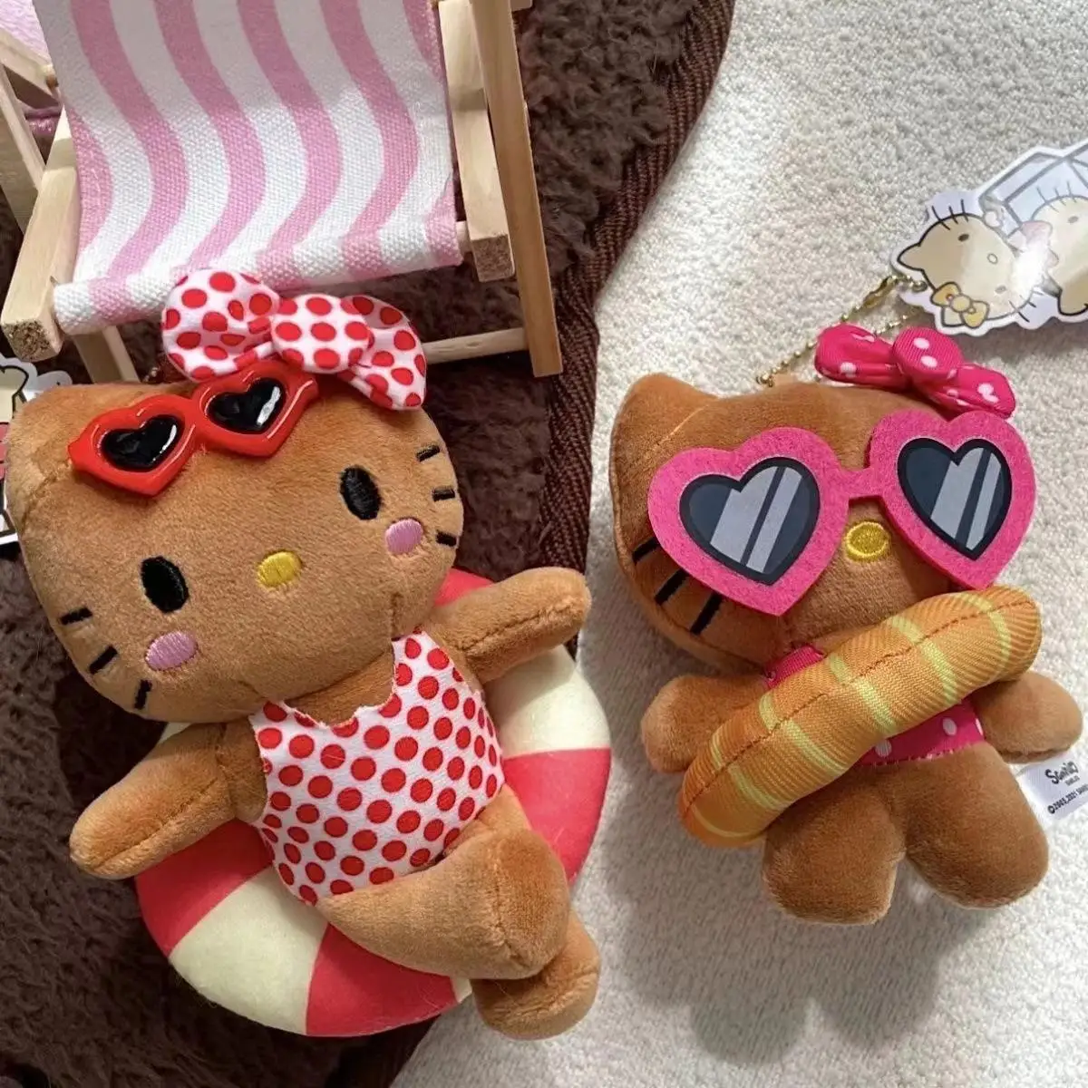 Hello Kitty Cute Black Skin Kt Cat Polka Dot Plush Doll Kawaii Swimming Circle Toy Fluffy Keychain Pendant Periphery Gift